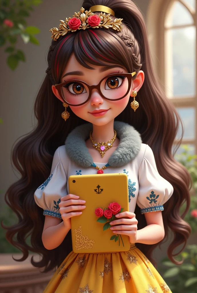 Imagem da filha da Ramona Badwof e da Rosabella Beauty de Ever After High: Long wavy brown ponytail with red streaked bangs, first of all, light brown eyes, brown glasses with a red rose, white blouse with blue, with roses on the blouse and sleeves, yellow skirt with golden roses, a faux fur collar around the neck of gray color, golden flower tiara on head, You have to be holding a yellow tablet with red roses in your hands, You have to have red highlights in your hair