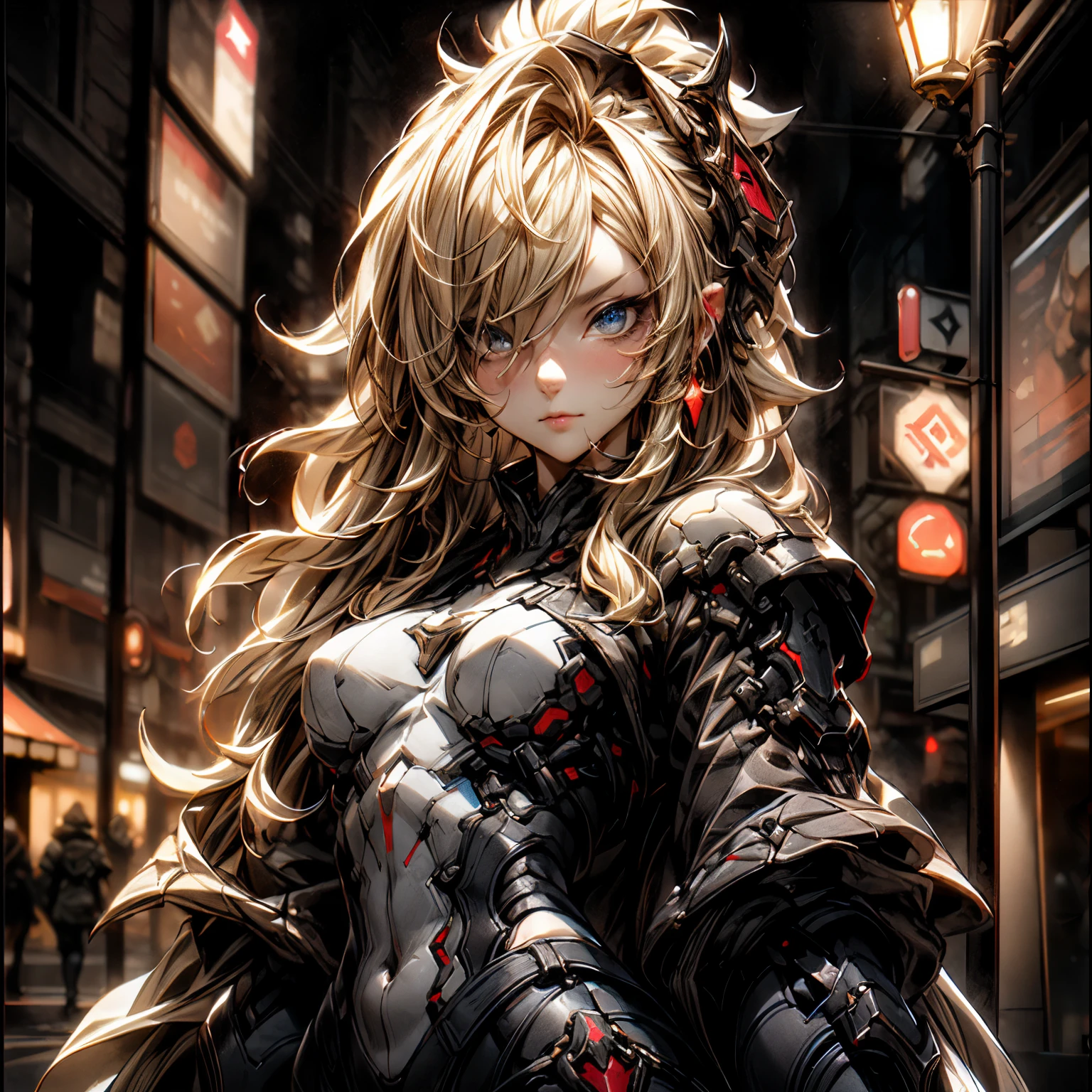 (best quality)), ((Masterpiece)), (details:1.4), 3d, HDR (high dynamic range), an image of a beautiful cyberpunk female, Hips up, medieval, Fantasy, Blonde hair, Curtain Bangs, beautiful Golden eyes, จมูกโด่ง, ปากแดง, หน้าอกใหญ่, nvidia RTX, PBR surface, After processing, Anisotropic filtration,depth of field, Maximum clarity and clarity, multi-layered surface, Subsurface scattering, perfect proportions, 8K raw files, ultra detailed, Perfect proportions, volumetric lighting, soft lighting, Holy Paladin, Heavy red Armor, glossy skin, city background, jewely, ต่างหู, นิ้วมือสมบูรณ์,