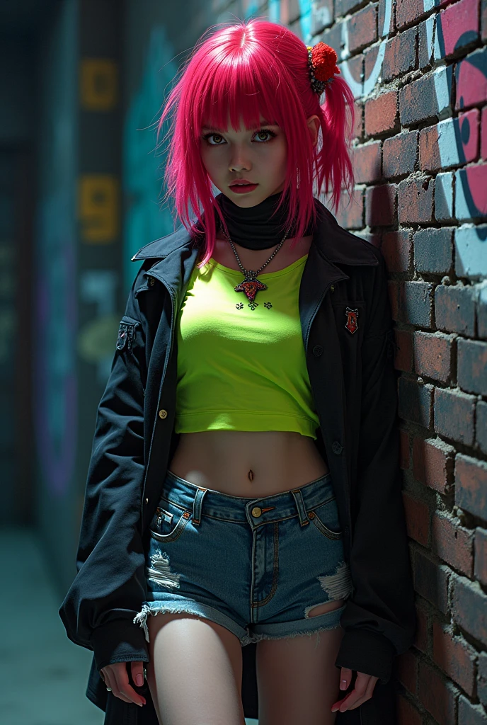 (masterpiece, best quality, 1 girl, Solitary, Intricate details, Chromatic Aberration), Practical, ((Moderate breathing)),Long hair, Red hair, Red decoration on head, Pink highlights, Amber eyes, earrings, Sharp eyes, necklace, Neon shirt, Ripped shorts, Unbuttoned jacket, turtleneck sweater, night, Against the wall, Brick Wall, Graffiti, Dim Lights, alley, Look at the audience
