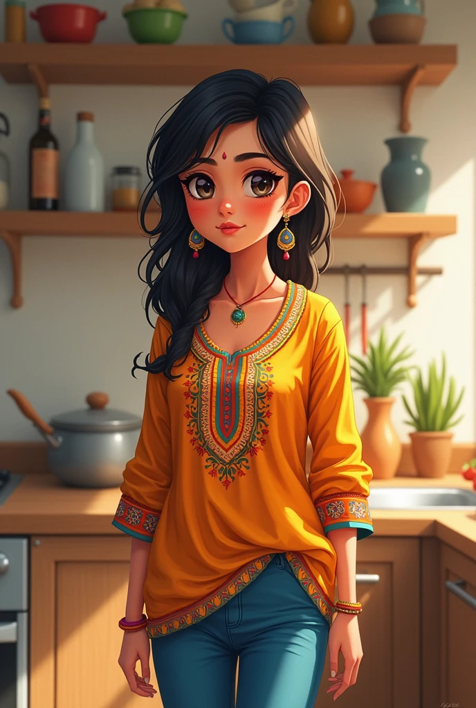 A Indian anime girl who wear kurta with jeans and sanding on the kitchen 