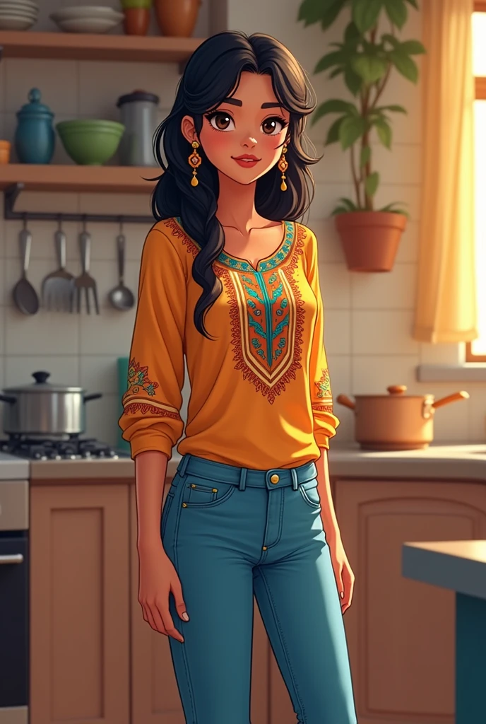 A Indian anime girl who wear kurta with jeans and sanding on the kitchen 