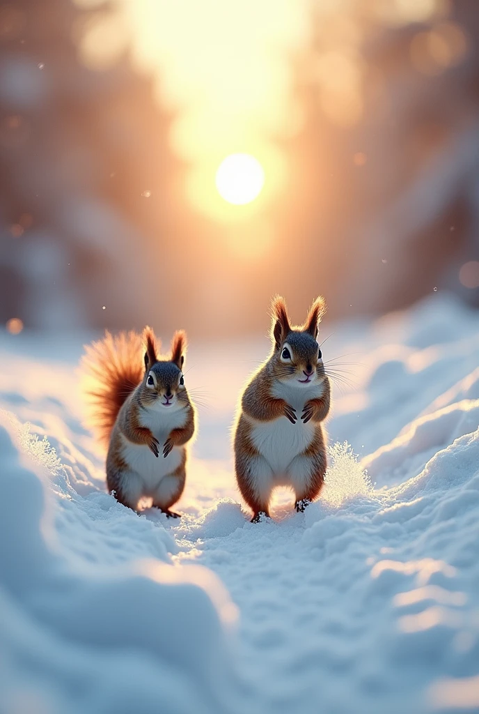 Ultra-realism、masterpiece、Highest quality、Film Grain、RAW Photos、Nice views、wallpaper、Frozen morning landscape、Fresh Snow、A mother and her child squirrel are running、Side view angle、Sun Pillar