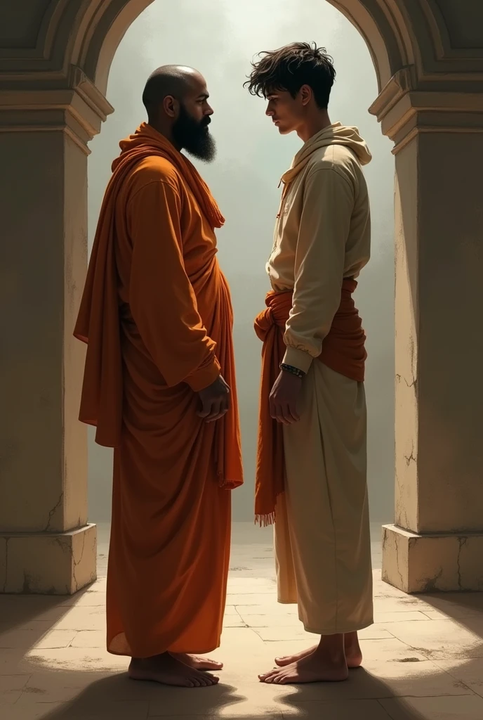 Back Turned: Two characters Sadhu and shishy young man
with their backs to each other, standing in the same room but emotionally distant.