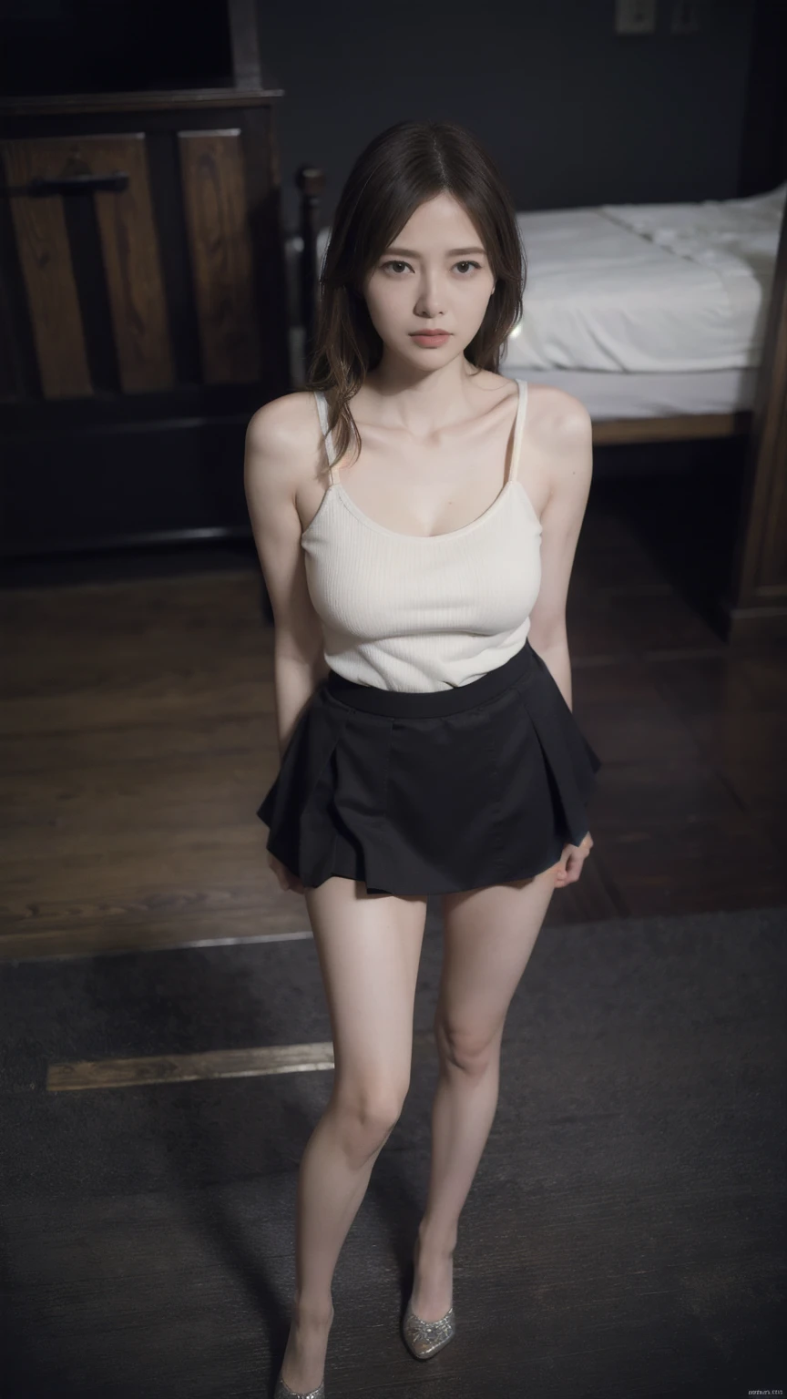 Beautiful Korean Women, Full body portrait, Perfect Face, Are thin, Small breasts, Her chest size is 29 inches, naked, Beautiful nipples, White short flared tennis skirt, Thin legs, navy blue collar, Japanese-style room, Standing by the wall, Ultra-high resolution, night