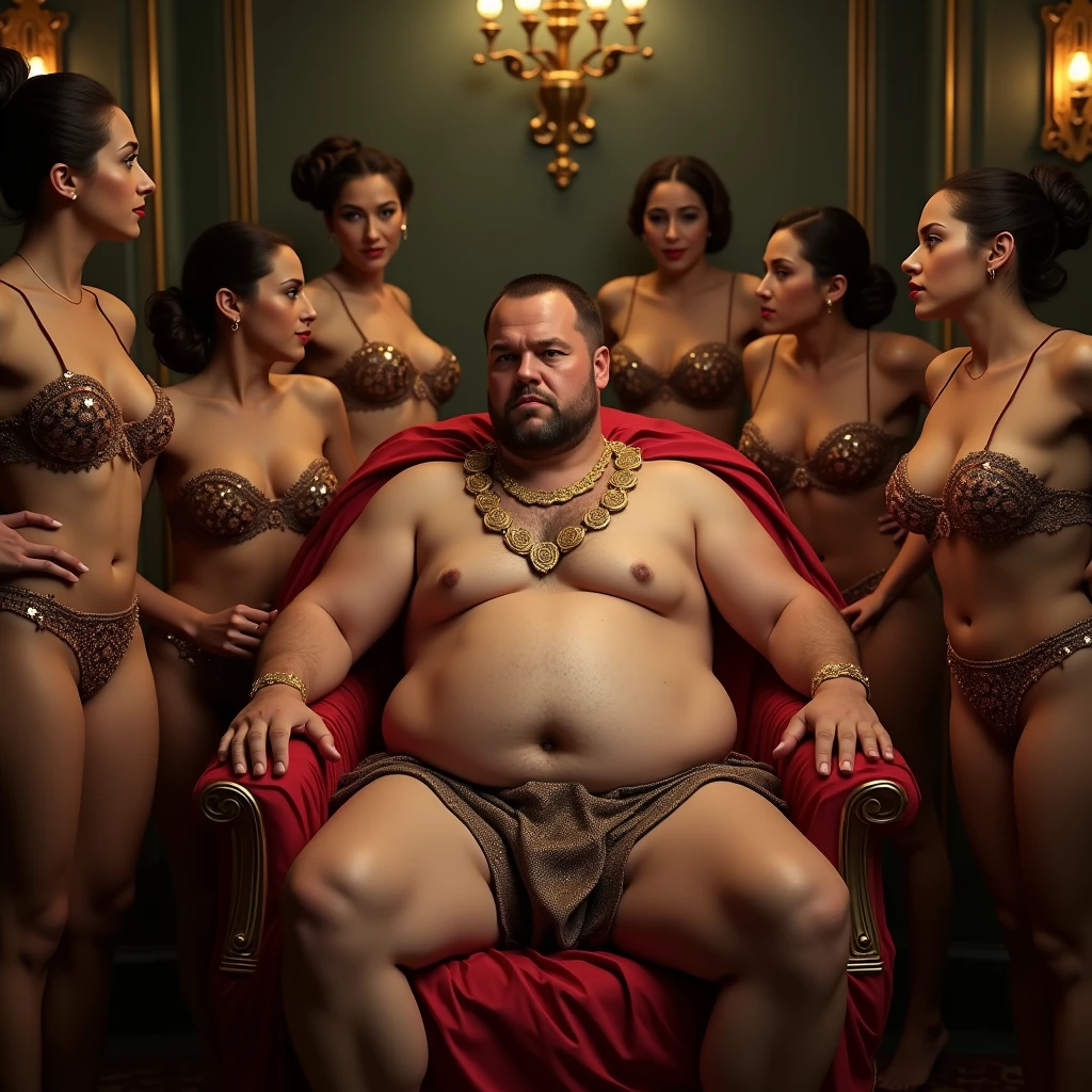 (a naked overweight ancient roman senator), beautiful detailed eyes, beautiful detailed lips, extremely detailed face and body, ((surrounded by several prostitutes wearing loincloth made of jewelry)), high quality, hyper detailed, photorealistic, 8k, dramatic lighting, chiaroscuro, cinematic composition, dramatic colors, dramatic lighting, glowing skin, ornate decorations, intricate patterns, rich textures, luxurious details, lavish environment