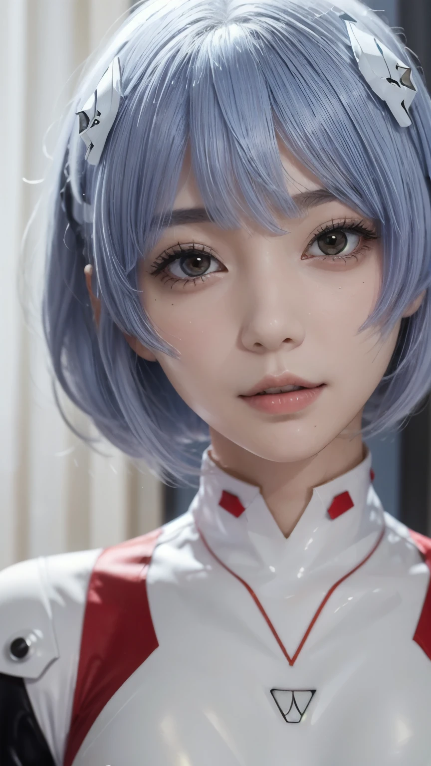 1 person、solo、Staring at the audience、Real、ayanami_rey、Blue Short Hair、Bobcut、White bodysuit、White hair ornament、gloves、Red eyes、soloフォーカス、Beautiful and aesthetic face、Detailed face、clean facial features、Very delicate and beautiful、Beautifully detailed eyes、Stars in my eyes、Pink Lips、Perfect Face、sexy、slim、Large Breasts、Are thin、Close-up of face、Ultra Close-Up、Expressionless、scenery、Red Sea、Shiny Suit、