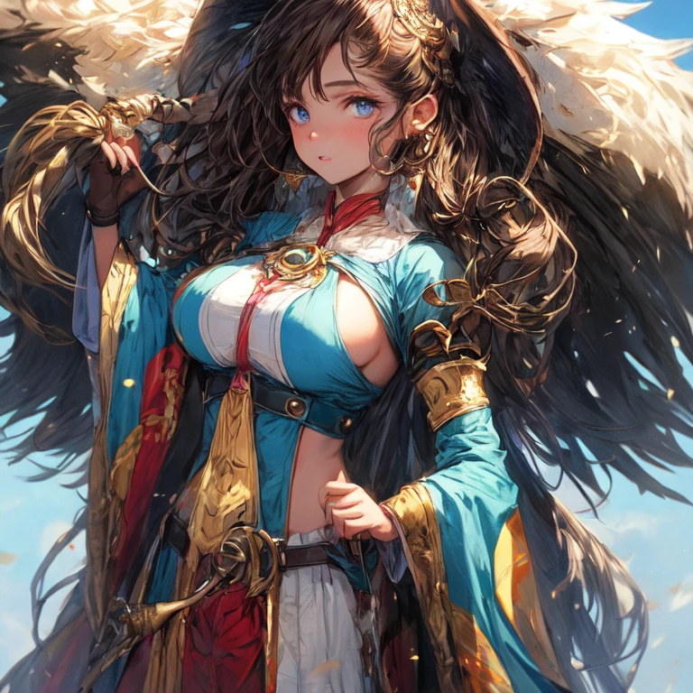 Beautiful girl fighter with long brown hair, and blue eyes, big breasts,  uhd, textured skin, super detail, high details, high quality,
