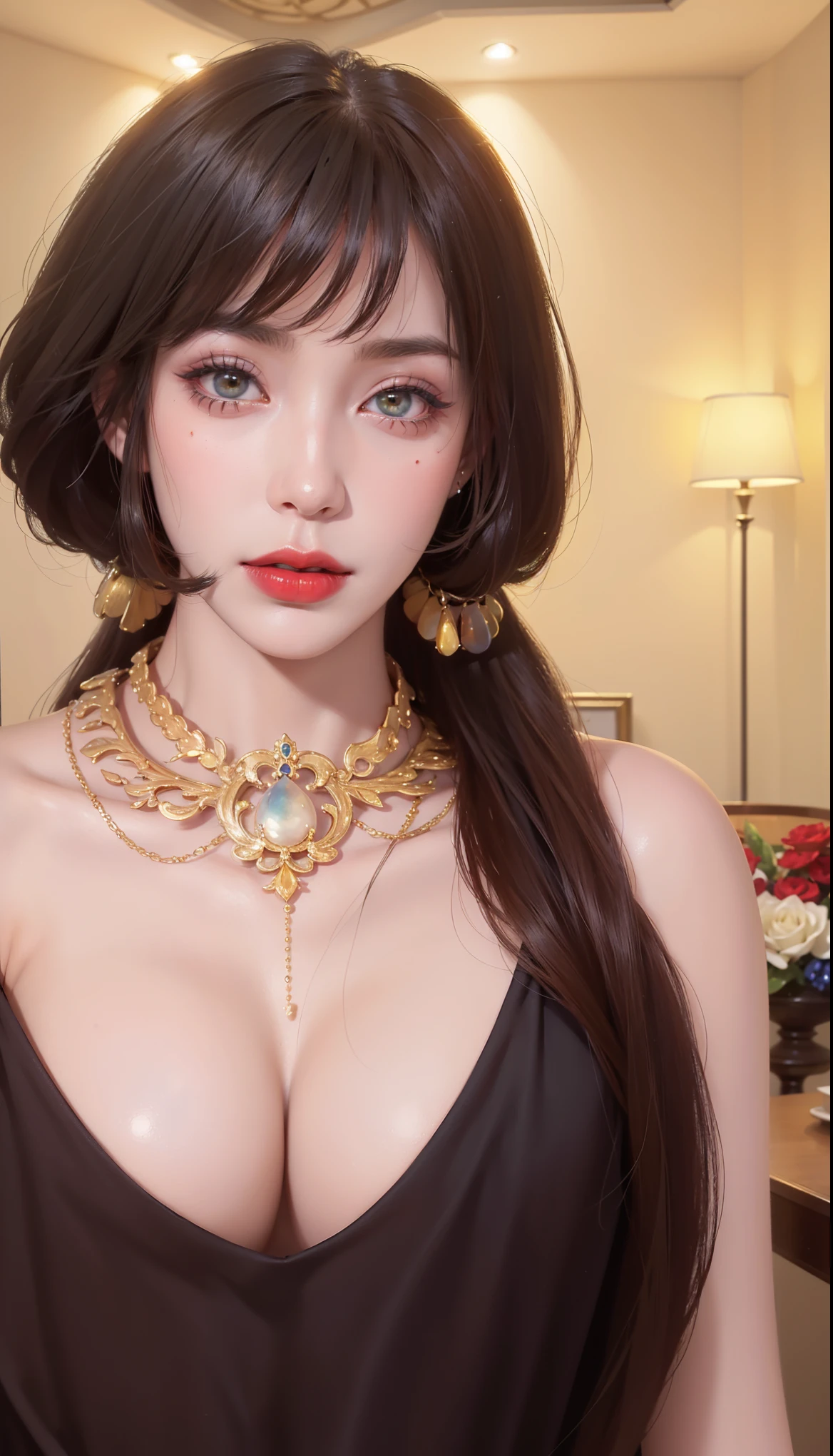Royal princess,Extremely detailed, Delicate face, Stock Photography , Portrait 400, F1 Camera Lens.6, rich and colorful, Surrealism, Realistic textures, Dramatic Lighting, Thin Film Distiller 800 (8K, original photo, Better quality, masterpiece: 1.2), Extremely detailed, (Extremely delicate skin: 1.2), 8K ultra high definition, SLR camera, Soft Light, high quality.Fire Queen,Blue pupils,Wear red lipstick,Have a tattoo,The tattoo is very three-dimensional,Gorgeous and intricate tattoo designs,Dark eyeshadow,Sexy thick lips(Red lipstick),Gorgeous pearl and gemstone decoration,Cleopatra wore jewelry made of gold and precious stones.,The stunning Queen,