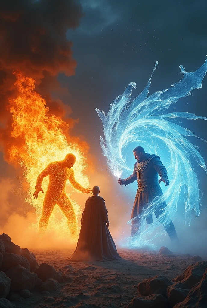 (Photorealism:1.2), The final battle between the fire-wielding villain and the ice wizard、Dynamic, cinematic composition、Dynamic pose、Cinematic lighting、night、dark