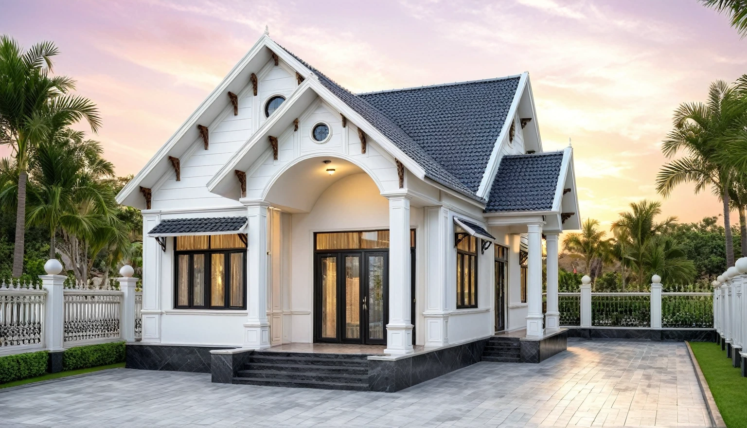 modern villa on street, {white|gray|pink} tone, marble wall, black detail, granite tiled stone,clear sunset sky, lush greenary, black frame door, facade lamp, car, palm tree, (RAW photo, masterpiece, best quality,ultra-detailed, extremely delicate and beautiful, highresolution, best shadow:1.1), (Faint light,Damp atmosphere, sad mood, Light rain :1.2)