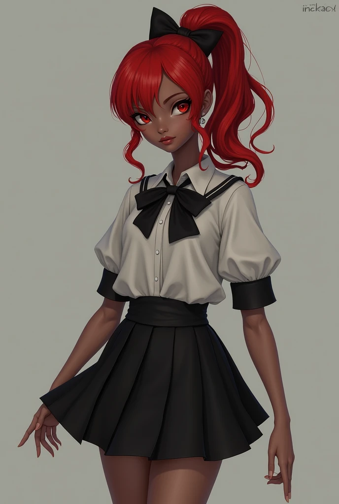 School uniform with skirt and pantyhose, dark skin, red hair, ponytail, red eyes, black bow