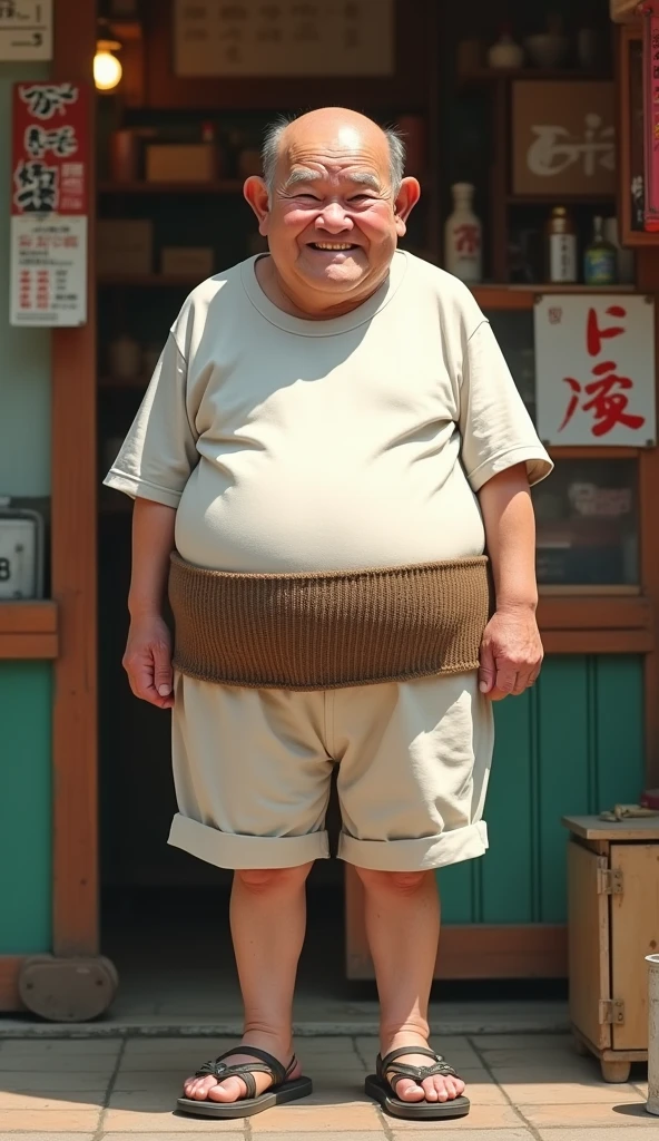 High resolution, masterpiece,Standing in front、In the whole body frame、Japanese、old man、Very short stature、Wrinkle、bald、Blushing, A charming face、Plain white T-shirt、Slightly obese body type、Chubby face、Brown knitted belly warmer、Wearing white shorts、Weird old man style、Shoes Sandals、Retro style bar snack background