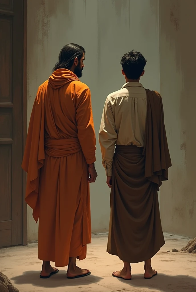 Back Turned: Two characters Sadhu and shishy young man
 with their backs to each other, standing in the same room but emotionally distant. 