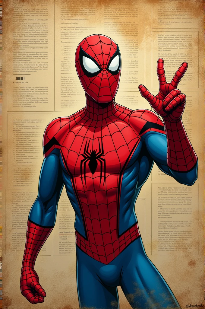 Create image ,that should more realistic comical spiderman in front and background should contain old comic book pages