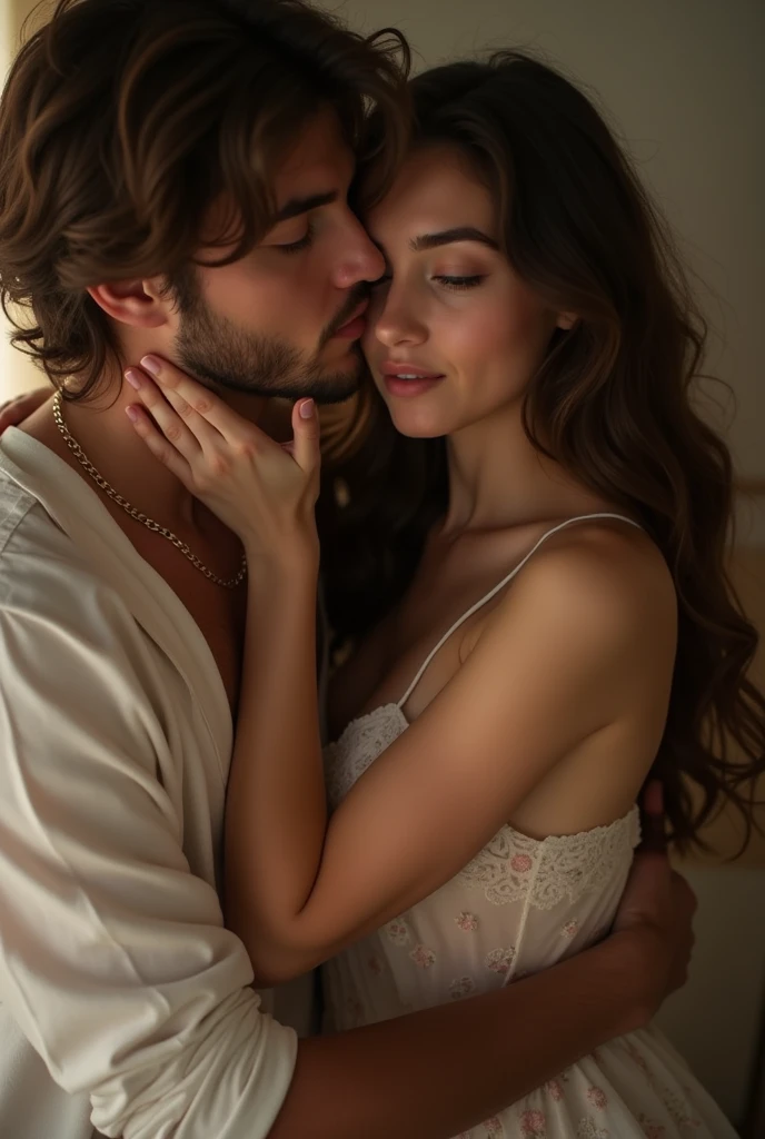 Young woman is kissed on the neck, hugged from behind, fotoshooting