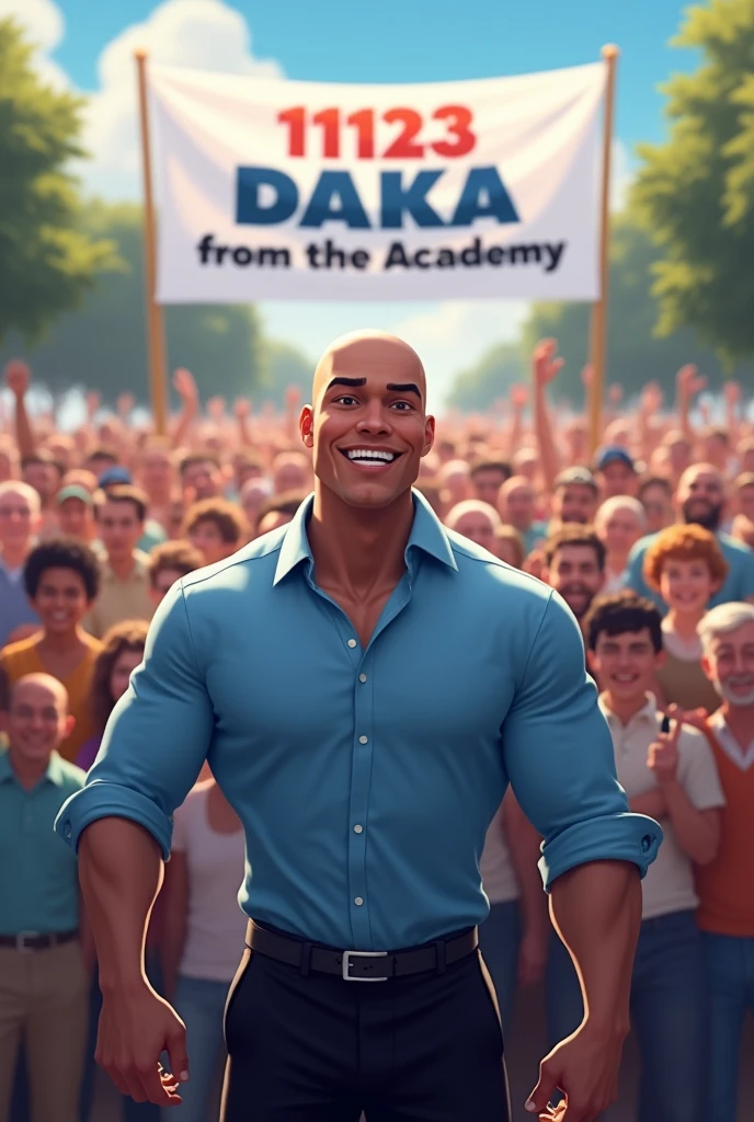 A young smiling face muscular bald candidate in sky blue shirt and black pants in front of a crowd of people with a white banner reading 11123 Daka from the academy