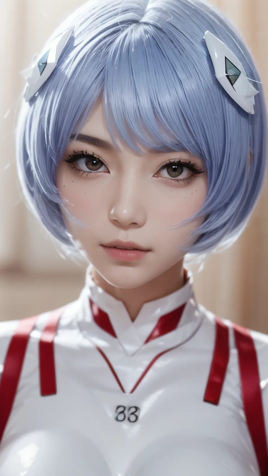 1 person、solo、Staring at the audience、Real、ayanami_rey、Blue Short Hair、Bobcut、White bodysuit、White hair ornament、gloves、Red eyes、soloフォーカス、Beautiful and aesthetic face、Detailed face、clean facial features、Very delicate and beautiful、Beautifully detailed eyes、Stars in my eyes、Pink Lips、Perfect Face、sexy、slim、Large Breasts、Are thin、Close-up of face、Ultra Close-Up、Expressionless、scenery、Red Sea、Shiny Suit、