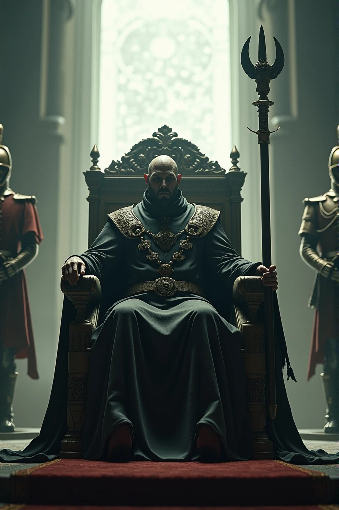 A tyrant saint who sits on a throne with a soldier on the side and a light at the back