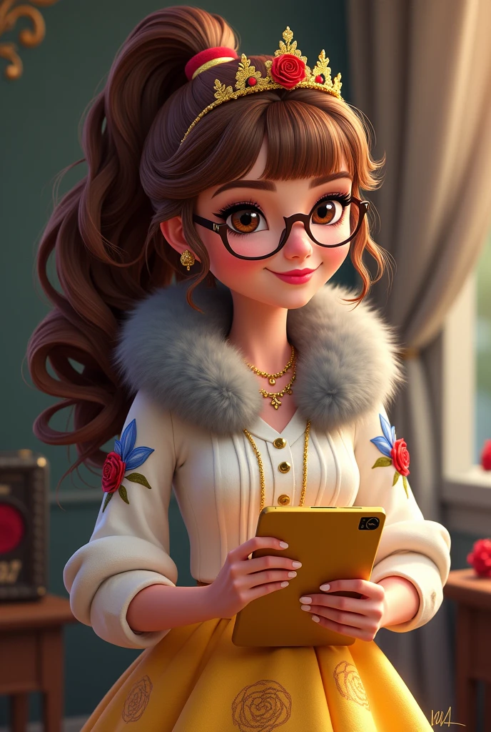Imagem da filha da Ramona Badwof e da Rosabella Beauty de Ever After High: Long wavy brown ponytail with red streaked bangs, first of all, light brown eyes, brown glasses with a red rose, white blouse with blue, with roses on the blouse and sleeves, yellow skirt with golden roses, a faux fur collar around the neck of gray color, golden flower tiara on head, You have to be holding a yellow tablet with red roses in your hands, You have to have red highlights in your hair