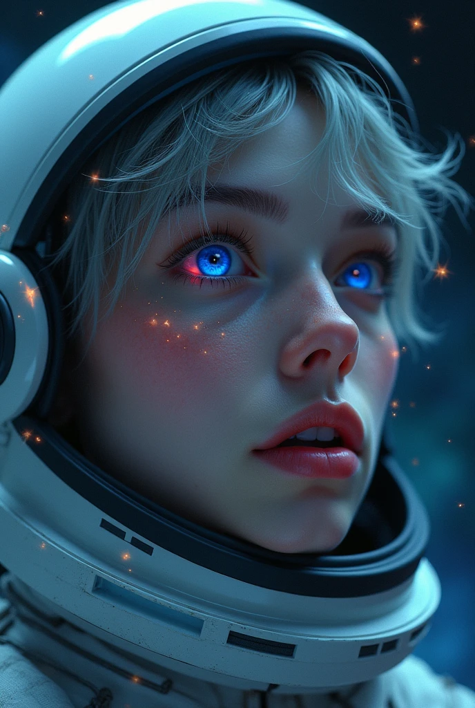 (Close-up of a better masterpiece:1.5)0.9], (Space and astronauts:1.2) (Messy silver hair:1.1) (Heterochromia xanthochromia and blue eyes:1.2) (Space Helmet:1.0) (Colored stars in the eyes:1.0) (A radiant glow:1.1) (thick lips:0.9)