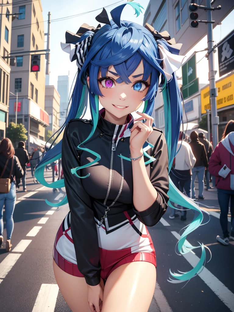 (masterpiece、top-quality、hight resolution、Unity 8k、extremely details CG:1,Best Picture), Twin_Turbo_Umamusume, aqua hair, twintails, heterochromia, purple eyes, blue eyes, sharp teeth, "A famous porn star during a reverse pickup scene shoot, confidently approaching a man on the street. She is dressed provocatively yet stylishly, exuding charm and allure. Her expression is playful and flirtatious, with a mischievous smile as she engages in the act of seduction. The scene captures the boldness and professionalism of the shoot, with the camera crew discreetly in the background, ensuring the focus remains on the star's confident and enticing approach."