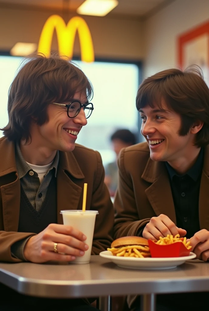 John Lennon and、Paul McCartney eating fries and a Mac Shake at McDonald's、Real Image。