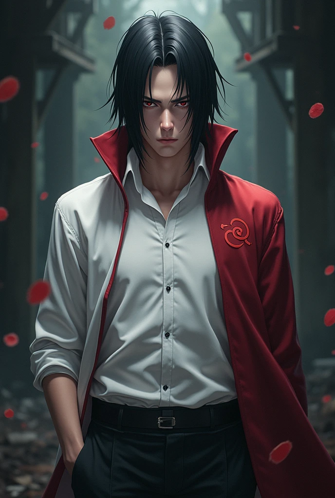 A white shirt and a itachi anime character with fulll design
