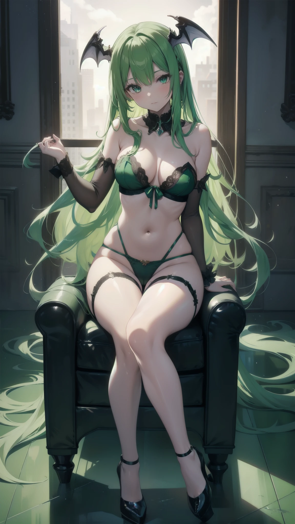 ，High heel，stringy viscous liquid，underwear，succubus，Green Hair，sitting，open legs