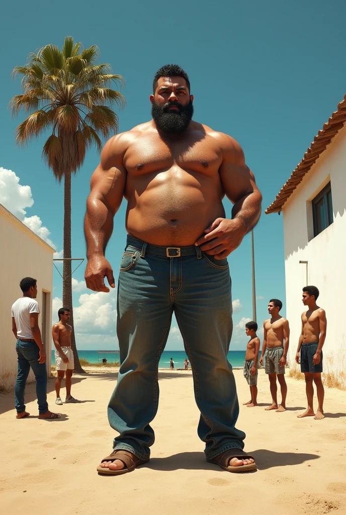 Big hairy bearded strong muscular Puerto Rican teacher standing without underwear with hand on crotch, on a sandy ground with white walls and a large tree in the background. Boys around watching.