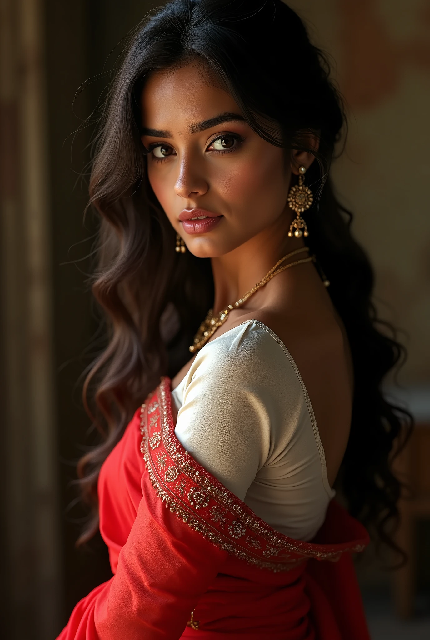 intricate portrait of a beautiful indian girl, wearing a red saree and white blouse, her bosom and back visible, detailed facial features, glowing skin, elegant pose, dramatic lighting, cinematic composition, highly detailed, photorealistic, 8k, masterpiece