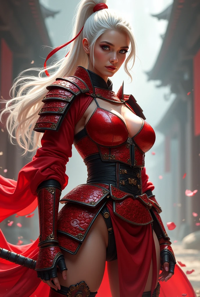 ager woman with white hair with grey eyes with curvy waist and big thighs and big butt with sexy red samurai armor