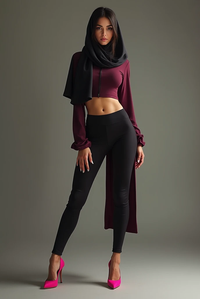 Real, Niqab girl, crop top und leggings, pink high heels, sexy pose, long fingernails, spread legs