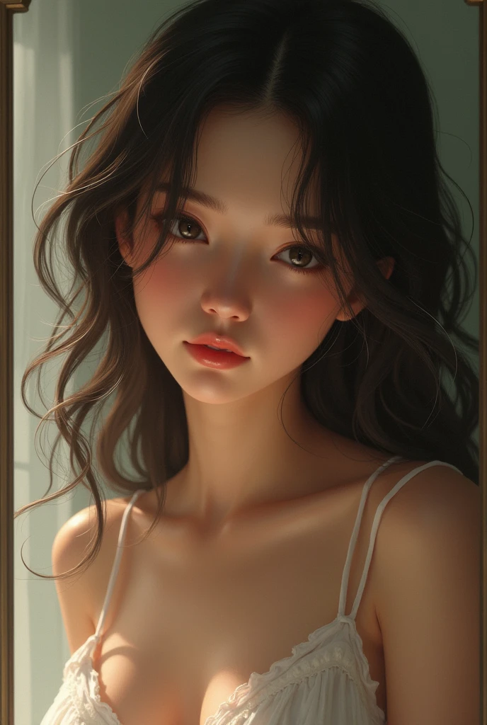 Young woman looking at herself in the mirror