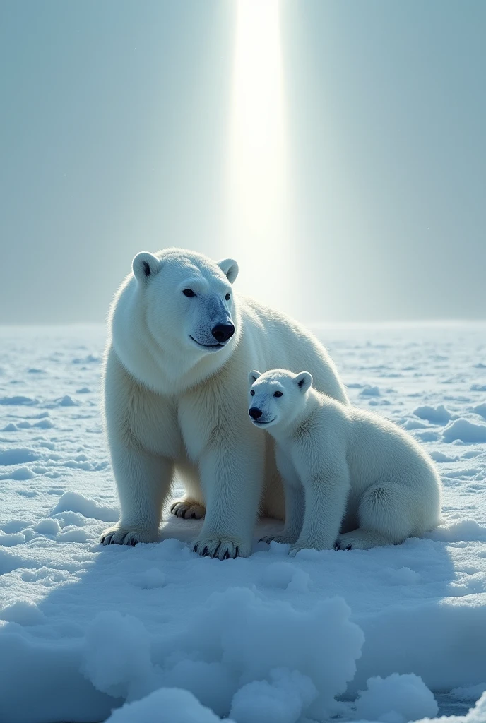 Ultra-realism、masterpiece、Highest quality、Film Grain、RAW Photos、Nice views、wallpaper、Frozen morning landscape、Fresh Snow、Polar bear parent and child、On the ice of Antarctica、Sun Pillar