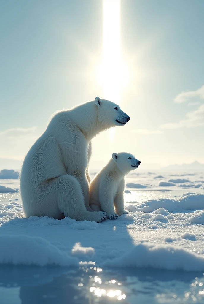 Ultra-realism、masterpiece、Highest quality、Film Grain、RAW Photos、Nice views、wallpaper、Frozen morning landscape、Fresh Snow、Polar bear parent and child、On the ice of Antarctica、Sun Pillar