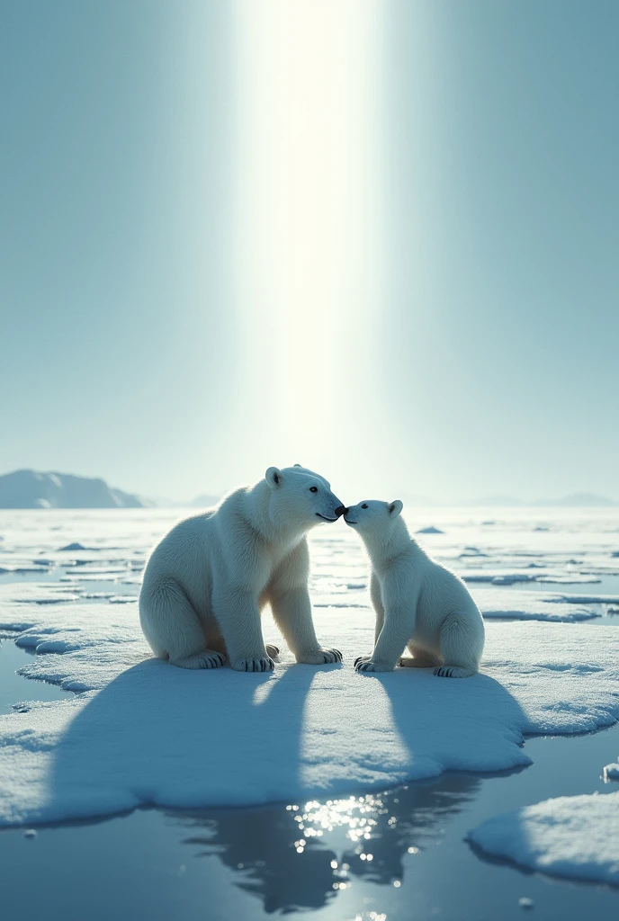 Ultra-realism、masterpiece、Highest quality、Film Grain、RAW Photos、Nice views、wallpaper、Frozen morning landscape、Fresh Snow、Polar bear parent and child、On the ice of Antarctica、Sun Pillar