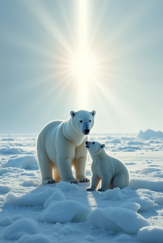 Ultra-realism、masterpiece、Highest quality、Film Grain、RAW Photos、Nice views、wallpaper、Frozen morning landscape、Fresh Snow、Polar bear parent and child、On the ice of Antarctica、Sun Pillar