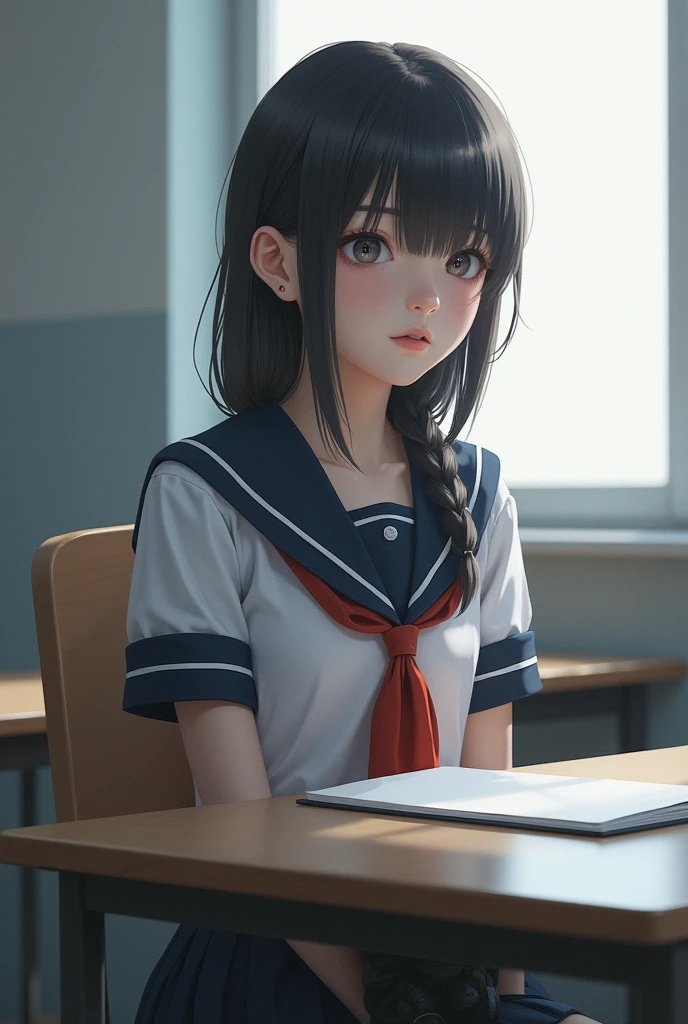 masterpiece, best quality, 1 Girl, Looking at the audience, piece,, Nano OP, School uniform, School, School desk,, Solitary,  