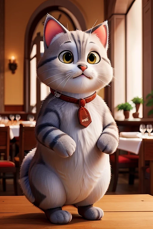 Fat gray cat with long fur in an Italian restaurant