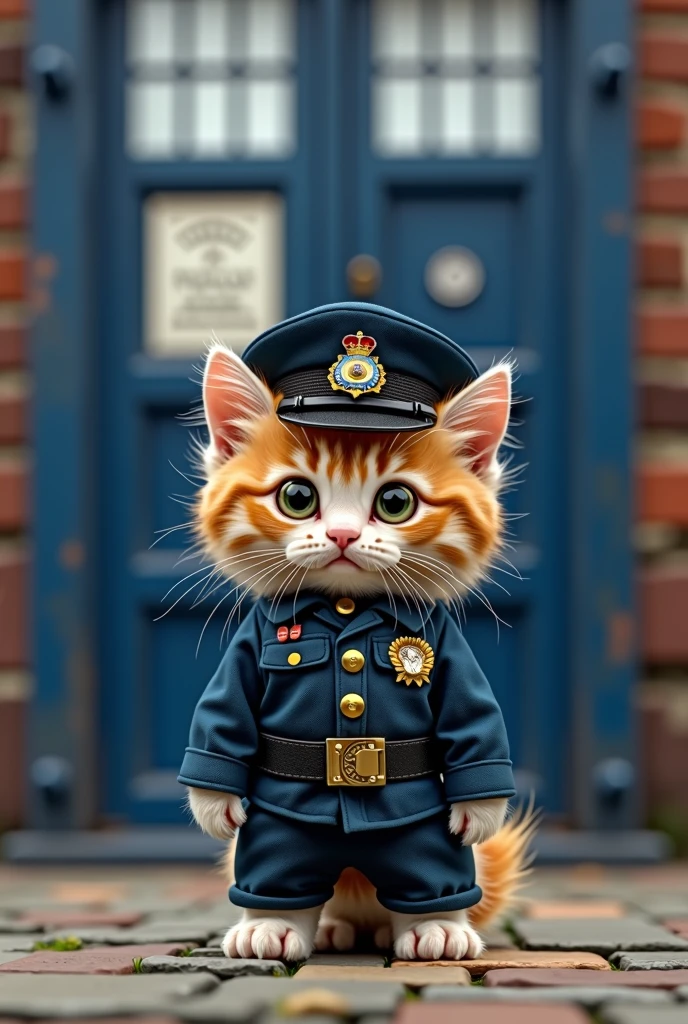 kitten　cute　Female Policeman Costume　Police box background　Real