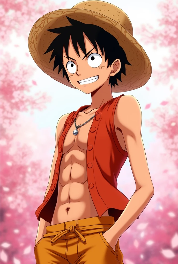 Monkey D. Luffy, Look to the left, Orange clothes, Cherry Blossom Background,Pink background