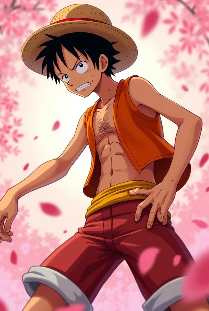 Monkey D. Luffy, Look to the left, Orange clothes, Cherry Blossom Background,Pink background
