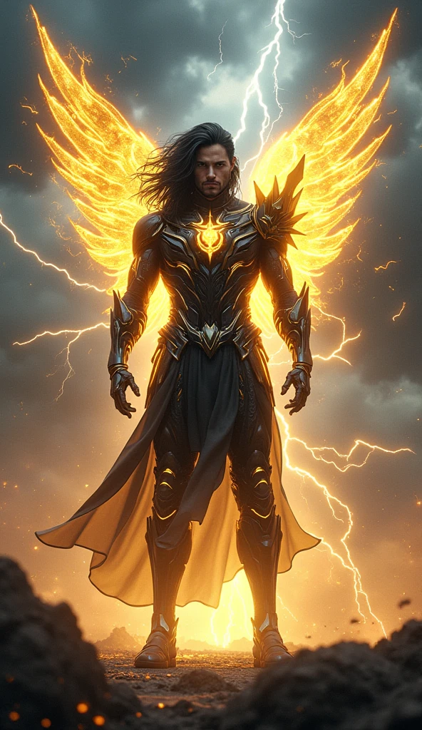 "A majestic fusion of Maduin and Vortex, with Maduin's golden, god-like form merging seamlessly with Vortex. Maduin's divine appearance features shimmering gold armor, large ethereal wings, and a powerful, radiant aura. His form is integrated with Vortex's sleek black leather suit and flowing dark hair. Vortex's features, such as the high-tech gear and dark clothing, blend into Maduin's golden and winged form, creating a harmonious yet imposing figure. The fusion is standing on a battlefield under a stormy sky, with lightning illuminating the scene, highlighting the dramatic transformation. Maduin's god-like visage and powerful presence are evident, while Vortex's technological elements add a futuristic edge. The background is dynamic and intense, with swirling dark clouds and flashes of lightning creating a dramatic atmosphere."