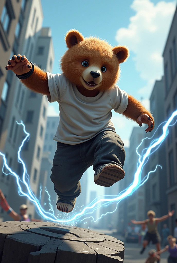 A bear doing parkour with lightning elements. The image of the bear should be cool, not fierce, with strong lines. Some bears wear white T-shirts. The bear's movements are very tense.