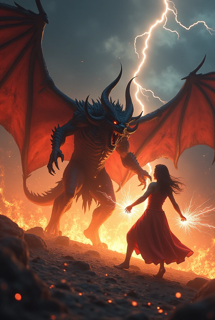 (Photorealism:1.2), The final battle between a winged demon who controls fire and a female mage who controls lightning.、Dynamic, cinematic composition、Dynamic pose、Cinematic lighting、night、dark
