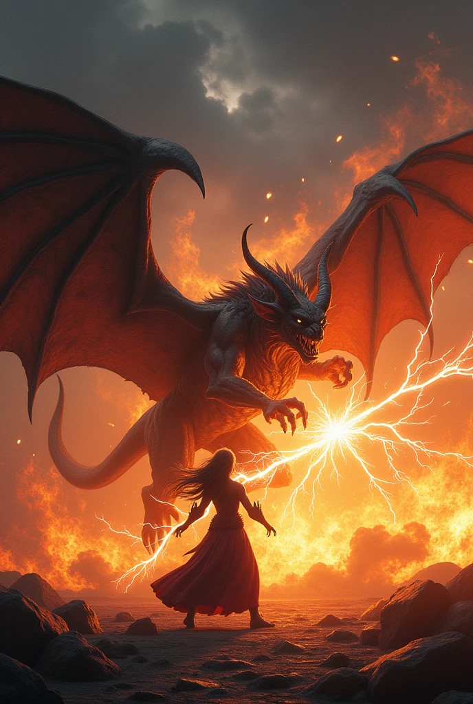 (Photorealism:1.2), The final battle between a winged demon who controls fire and a female mage who controls lightning.、Dynamic, cinematic composition、Dynamic pose、Cinematic lighting、night、dark