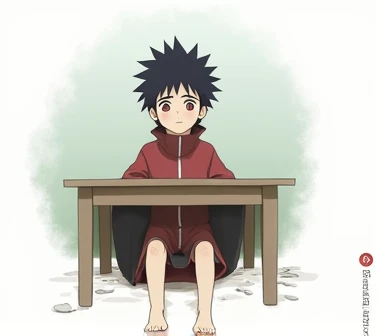 A realistic animation. The scene is hypnotic. Naruto hypnotized to show his feet. Naruto sitting at a table. Naruto has spirals in his eyes due to hypnosis. Naruto sitting on a table with his feet hanging down. The hypnotist under the table next to Naruto&#39;s feet. The hypnotist smelling Naruto&#39;s feet. Naruto at the hypnotist&#39;s disposal. Let Naruto&#39;s hypnosis be seen in the image with the spirals in his eyes. Let the hypnotist be another child apart. The hypnotist should be shown licking Naruto&#39;s feet under the table. Naruto sitting on the table with his feet dangling