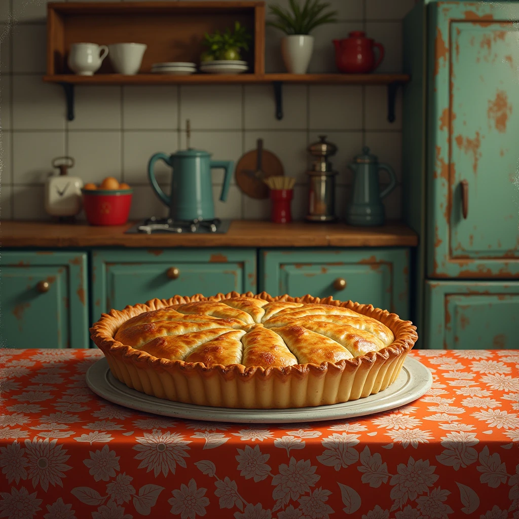 Russian pie on a Soviet tablecloth in the atmospheric kitchen of the 80s