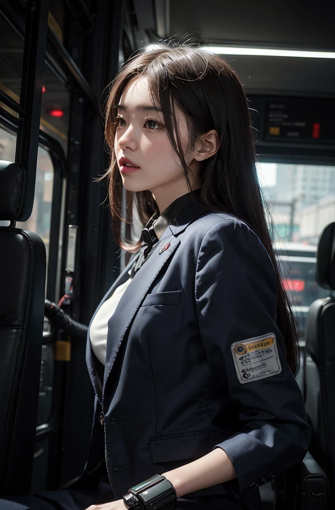 A highly detailed surreal Japanese man masterpiece，Wearing a suit and a complex robot space helmet。bopunk way、Face、beeple style mix、Cyborg portrait、Inside the bus compartment、Beeple style、Portrait Beauty - FI People、Ultra HD、simple minimum。 F/4、16:9、5秒Ultra HD、Kinesiology、Real portrait of male from side at 45 degree angle 