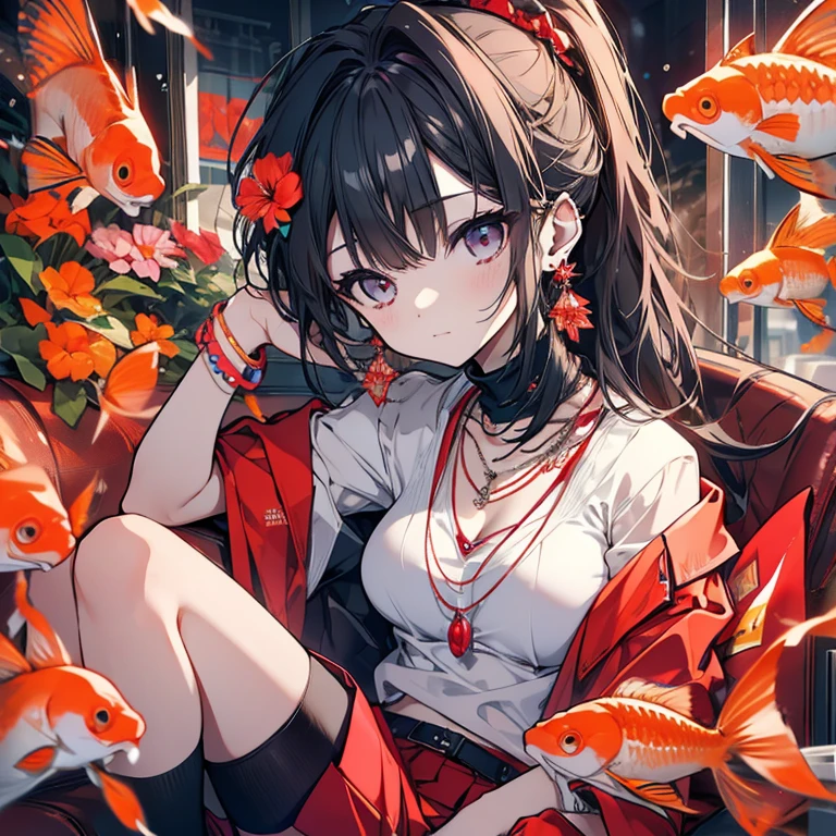 1 person、Mature、Ample breasts、Long Hair、ponytail、Ruby Earrings、Goldfish、Miniskirt、bracelet、necklace、High resolution、Highest quality